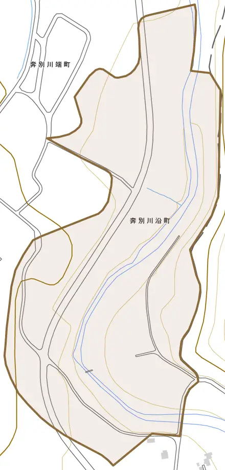 奔別川沿町とその周辺の地図。町の範囲を重ねている