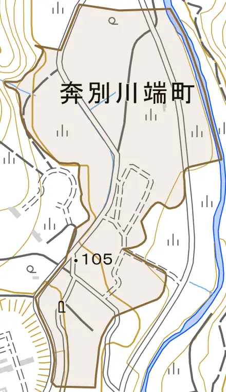 奔別川端町とその周辺の地図。町の範囲を重ねている