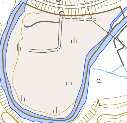 弥生双葉町とその周辺の地図。町の範囲を重ねている