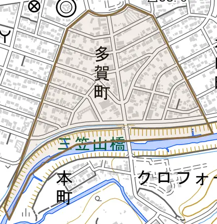多賀町とその周辺の地図。町の範囲を重ねている