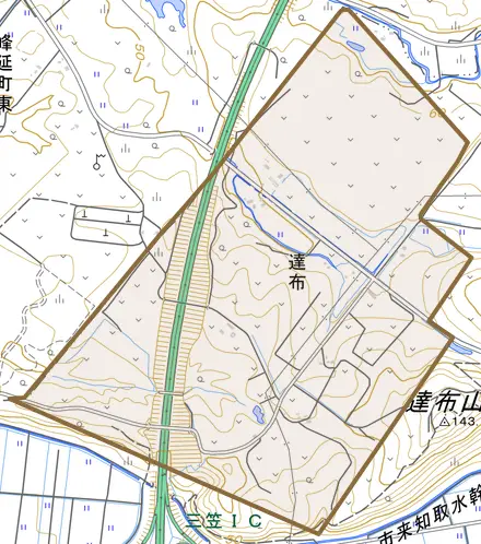 達布とその周辺の地図。町の範囲を重ねている