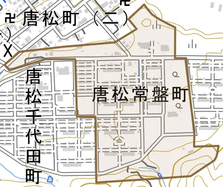 唐松常盤町とその周辺の地図。町の範囲を重ねている