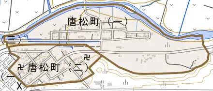 唐松町とその周辺の地図。町の範囲を重ねている