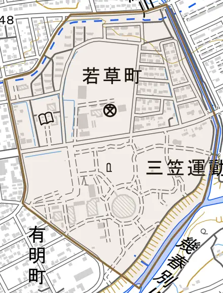 若草町とその周辺の地図。町の範囲を重ねている