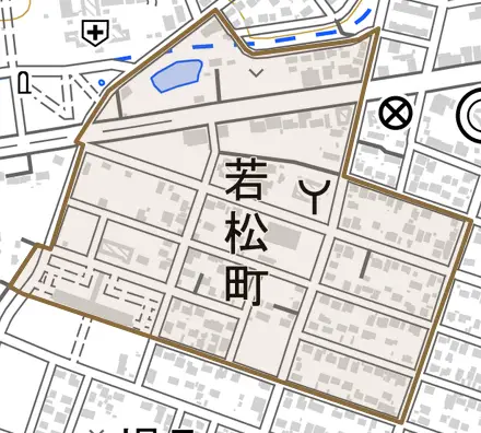 若松町とその周辺の地図。町の範囲を重ねている