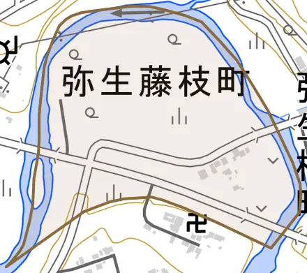 弥生藤枝町とその周辺の地図。町の範囲を重ねている