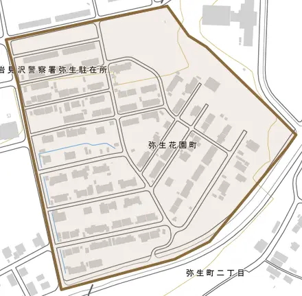 弥生花園町とその周辺の地図。町の範囲を重ねている