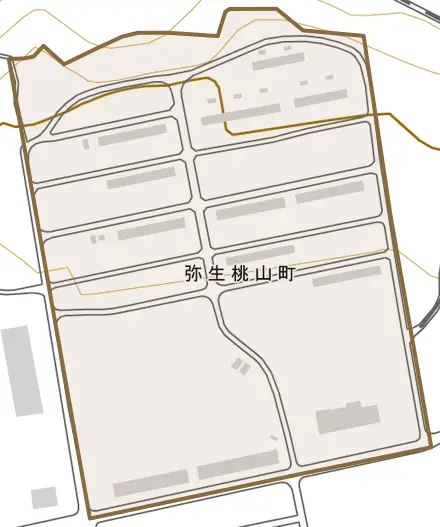 弥生桃山町とその周辺の地図。町の範囲を重ねている