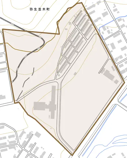 弥生並木町とその周辺の地図。町の範囲を重ねている