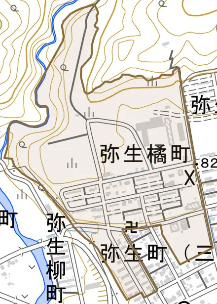 弥生橘町とその周辺の地図。町の範囲を重ねている