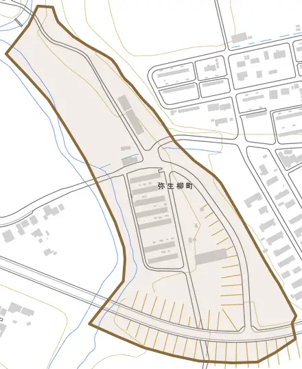 弥生柳町とその周辺の地図。町の範囲を重ねている
