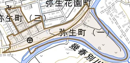 弥生町とその周辺の地図。町の範囲を重ねている