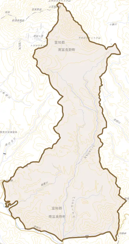 字北落合とその周辺の地図。町の範囲を重ねている