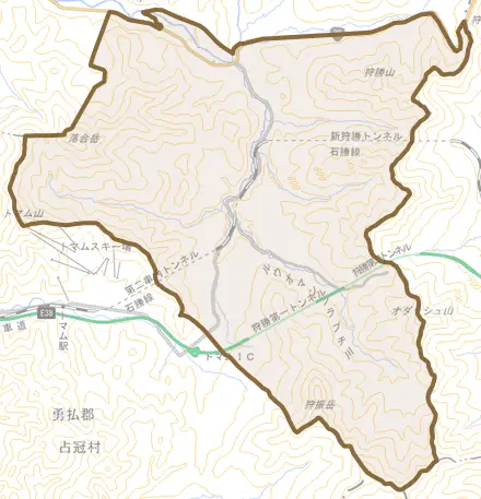 字落合とその周辺の地図。町の範囲を重ねている