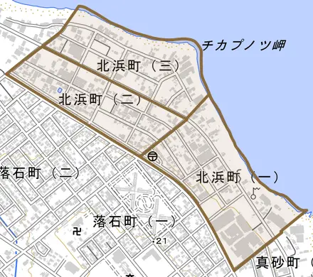 北浜町とその周辺の地図。町の範囲を重ねている