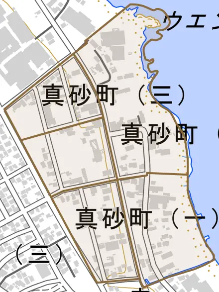 真砂町とその周辺の地図。町の範囲を重ねている