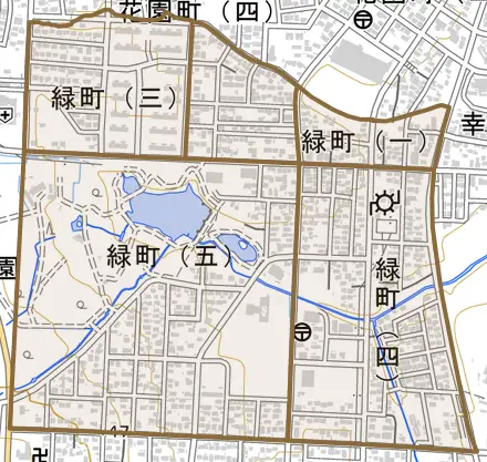 緑町とその周辺の地図。町の範囲を重ねている