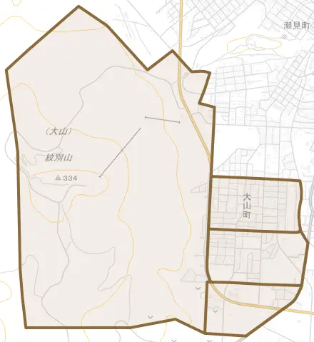 大山町とその周辺の地図。町の範囲を重ねている