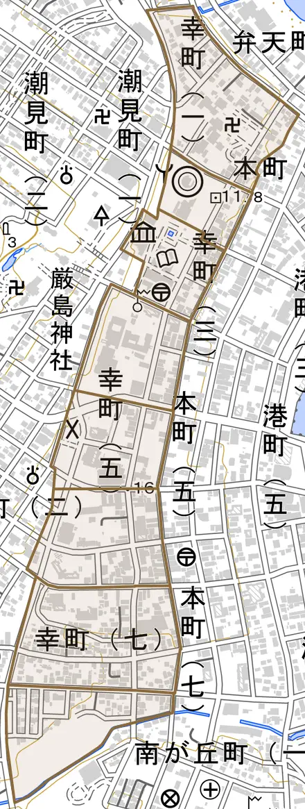 幸町とその周辺の地図。町の範囲を重ねている