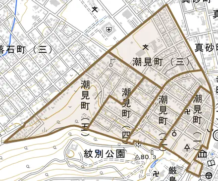 潮見町とその周辺の地図。町の範囲を重ねている