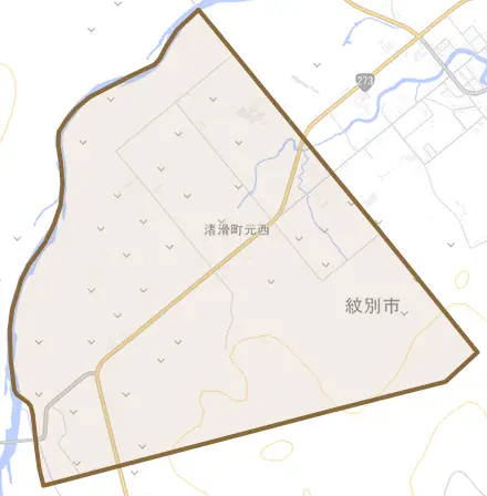 渚滑町元西とその周辺の地図。町の範囲を重ねている