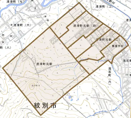 渚滑町元新とその周辺の地図。町の範囲を重ねている