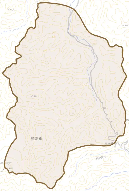 上渚滑町上立牛とその周辺の地図。町の範囲を重ねている