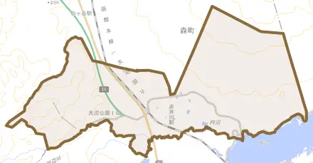 字赤井川とその周辺の地図。町の範囲を重ねている