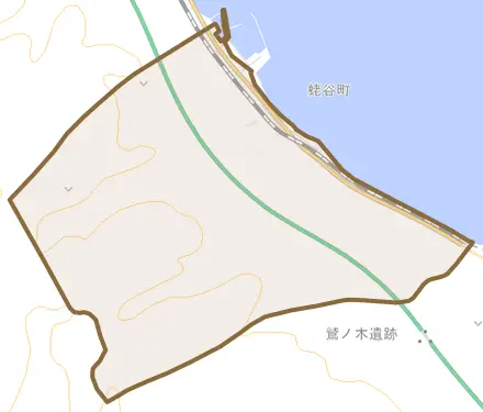 字蛯谷町とその周辺の地図。町の範囲を重ねている
