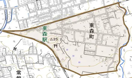 字東森町とその周辺の地図。町の範囲を重ねている