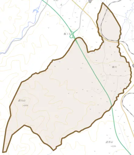 字姫川とその周辺の地図。町の範囲を重ねている