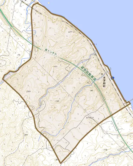 字本茅部町とその周辺の地図。町の範囲を重ねている