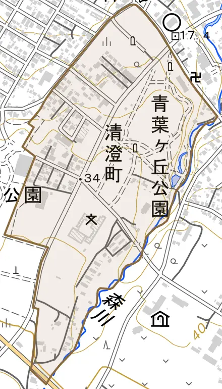 字清澄町とその周辺の地図。町の範囲を重ねている