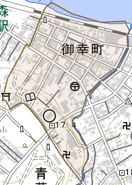 字御幸町とその周辺の地図。町の範囲を重ねている