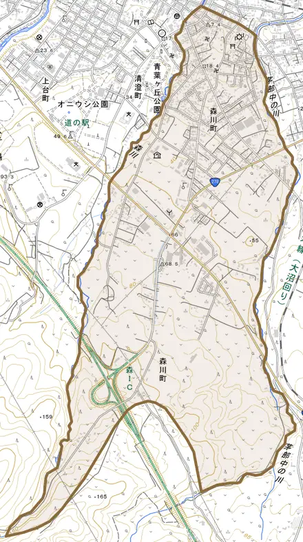 字森川町とその周辺の地図。町の範囲を重ねている