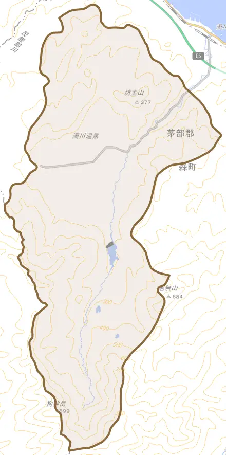 字濁川とその周辺の地図。町の範囲を重ねている