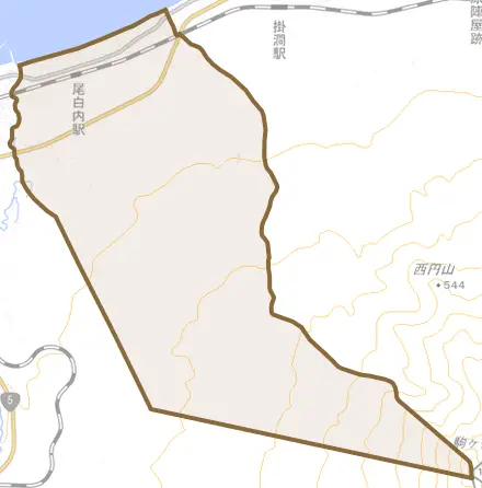 字尾白内町とその周辺の地図。町の範囲を重ねている