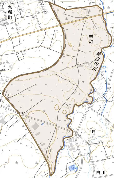 字栄町とその周辺の地図。町の範囲を重ねている
