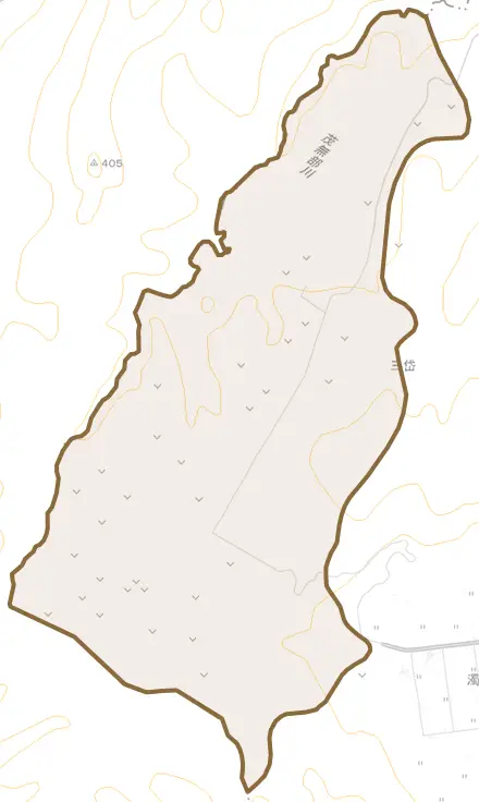 字三岱とその周辺の地図。町の範囲を重ねている