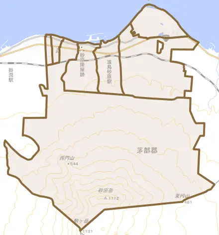 字砂原とその周辺の地図。町の範囲を重ねている