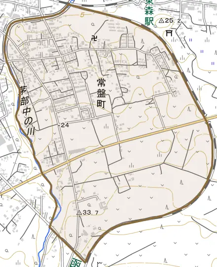 字常盤町とその周辺の地図。町の範囲を重ねている