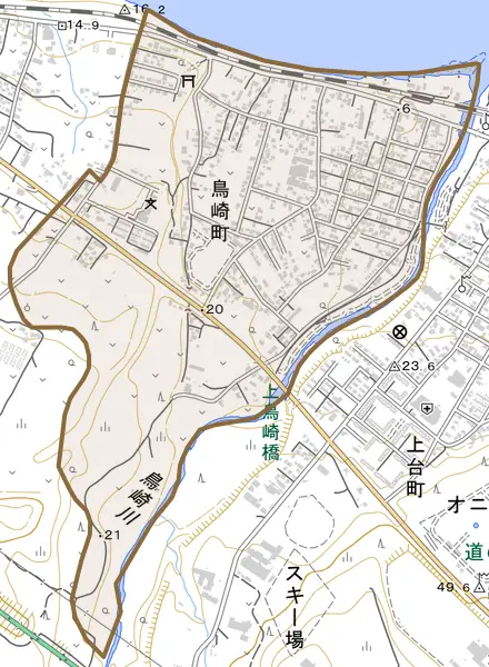 字鳥崎町とその周辺の地図。町の範囲を重ねている