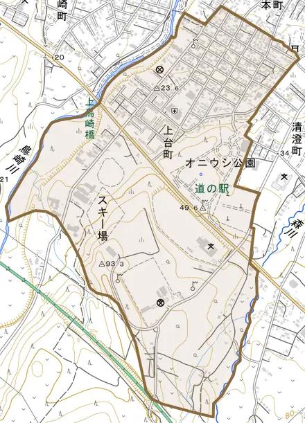 字上台町とその周辺の地図。町の範囲を重ねている