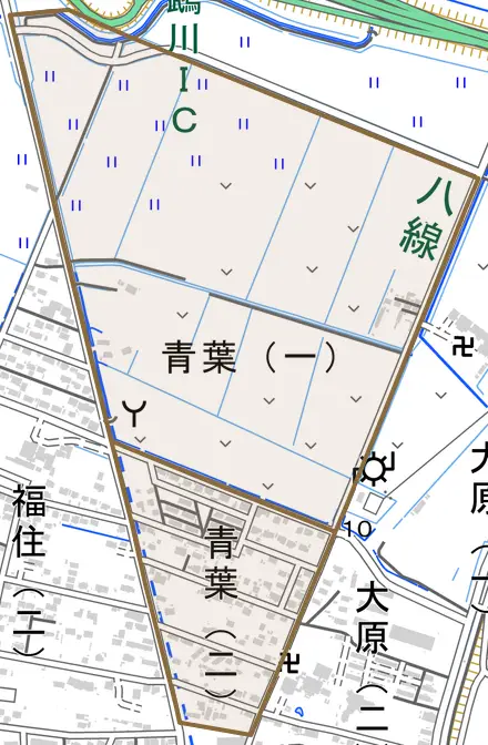 青葉とその周辺の地図。町の範囲を重ねている