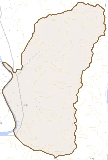 有明とその周辺の地図。町の範囲を重ねている