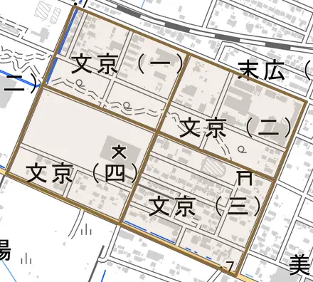 文京とその周辺の地図。町の範囲を重ねている
