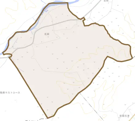 花岡とその周辺の地図。町の範囲を重ねている