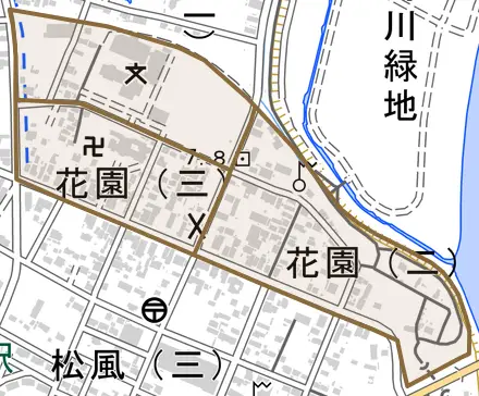 花園とその周辺の地図。町の範囲を重ねている