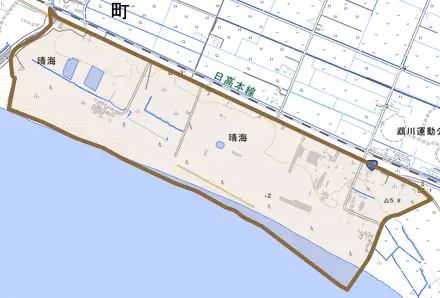 晴海とその周辺の地図。町の範囲を重ねている