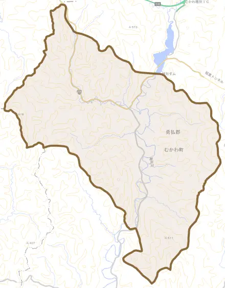 穂別稲里とその周辺の地図。町の範囲を重ねている